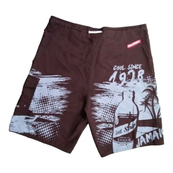 Red Stripe Men's Boardshorts Swimsuit Brown Red White Size 38 Waist Velcro - Picture 2 of 14